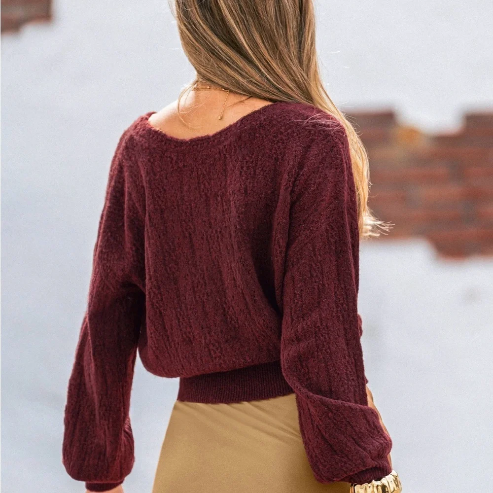 Cupshe Women's Burgundy V-Neck Reversible Sweater - Picture 3 of 11